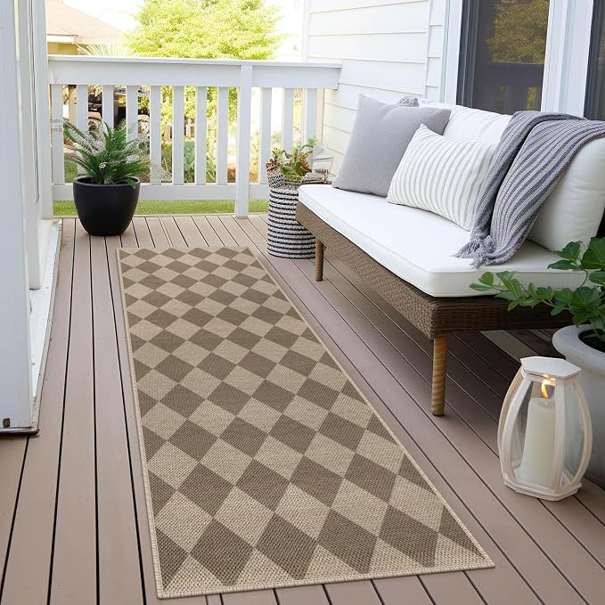 Easy Jute Checkered Runner Rug, 2x6 Brown Modern Washable Rugs Runner - Image 6