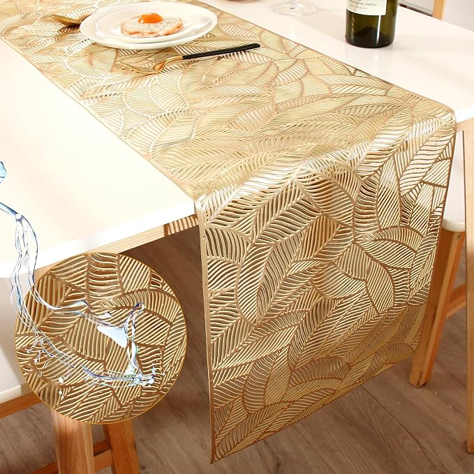 FAVE Gold Table Runner 72 inches Long Heat Resistant Hallowed-Out Vinyl by FAVE