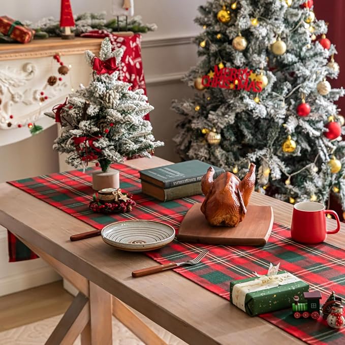Red Green Gold Plaid Christmas Table Runner, Winter Holiday Table Runners 72 - Image 4