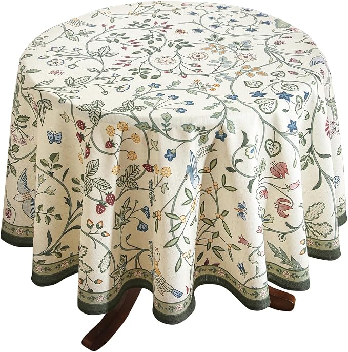 Linen 67 Inch Round Tablecloth, Wrinkle Resistant French White and Green by bilingaier