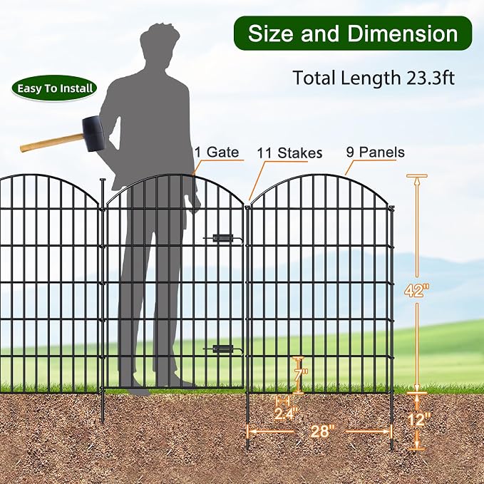 Metal Garden Fence with Gate 42in x 23.3ft, 1 Gate+ 9 Panels Dog Fence Border - Image 3