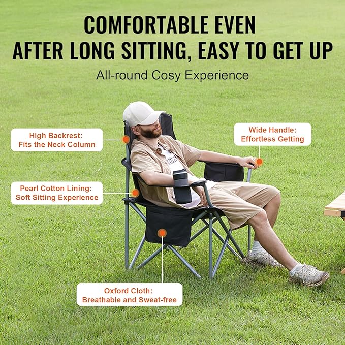 Camping Chair - Black, 450 lb Capacity, 600D Oxford Fabric