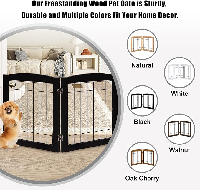 LZRS 2-Panel Freestanding Foldable Wood Dog Gate – Solid Wood & Steel Wire - Image 4