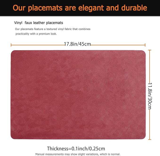 Vinyl Placemats Set of 6 Faux Leather 100% Waterproof Wipeable Washable Place - Image 3