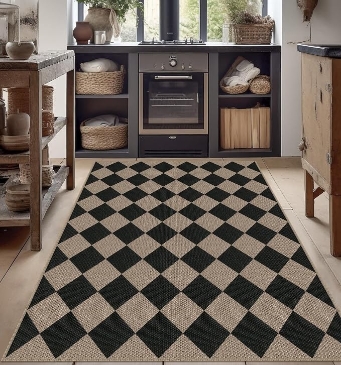 Easy Jute Checkered Area Rug, 4x6 Black Modern Washable Rugs - Image 5