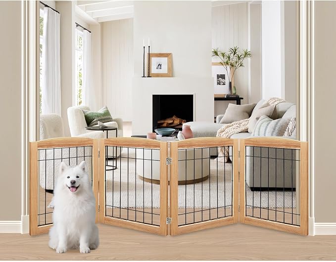 LZRS 4-Panel Extra-Wide Wooden Freestanding Dog Gate: Foldable Solid Wood and by LZRSPET