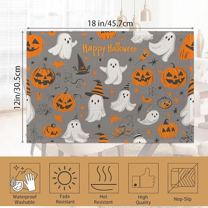 Placemats Set of 6, Pumpking Ghost Table Mats, Halloween Washable Linen Table - Image 6