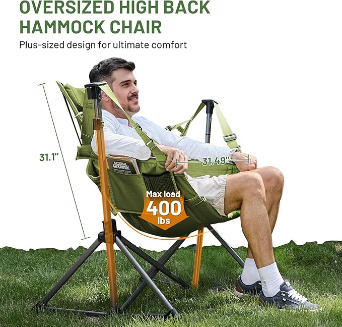 Hammock Camping Chair, Green, 400 lb Capacity, Padded Headrest