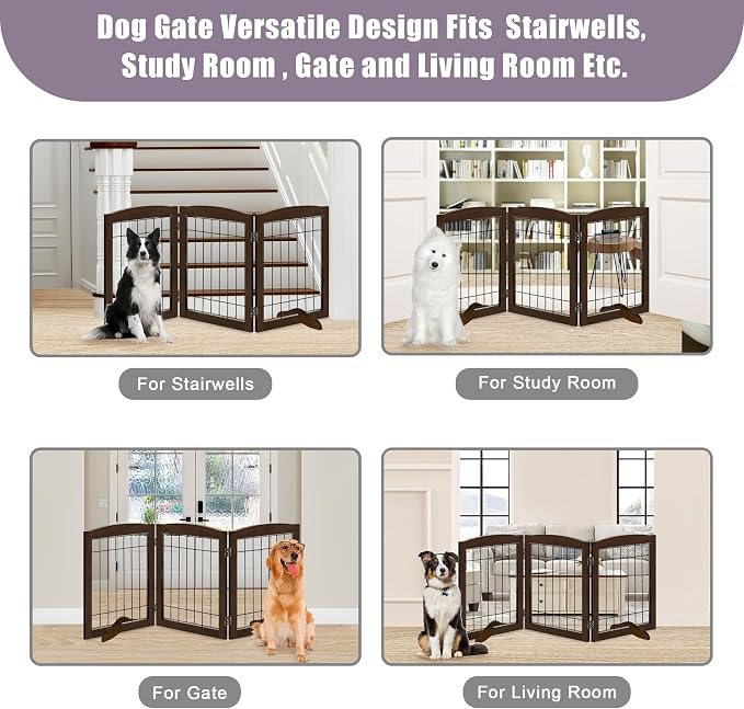 LZRS 3-Panel Freestanding Adjustable Wooden Dog Gate—30" Tall Foldable Pet - Image 6