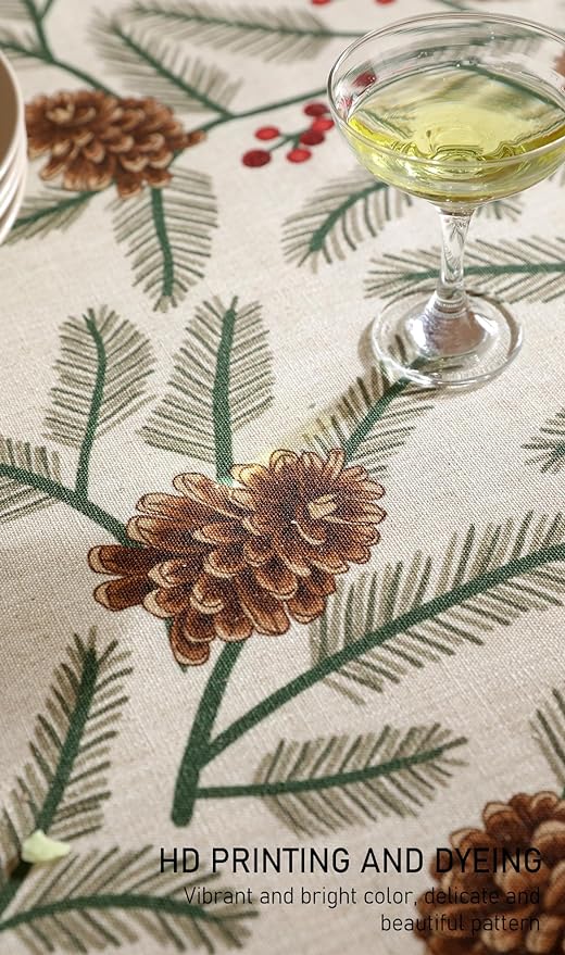 ISAENNE Designer Christmas Beige Linen Rectangular Tablecloth, Pinecones - Image 5