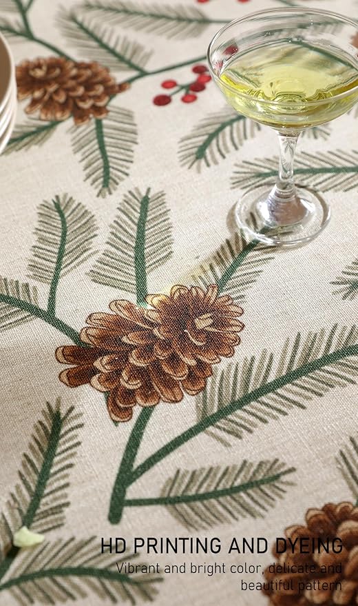 ISAENNE Designer Christmas Beige Linen Square Tablecloth, Pinecones Pattern - Image 5
