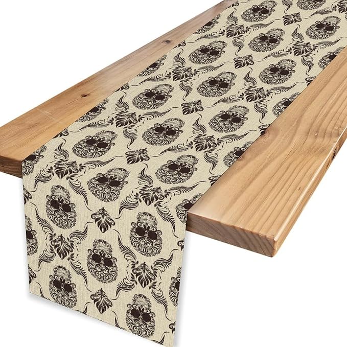 Gothic Table Runner, Retro Antique Damask Skull Pattern Classic Halloween Boho - Image 4