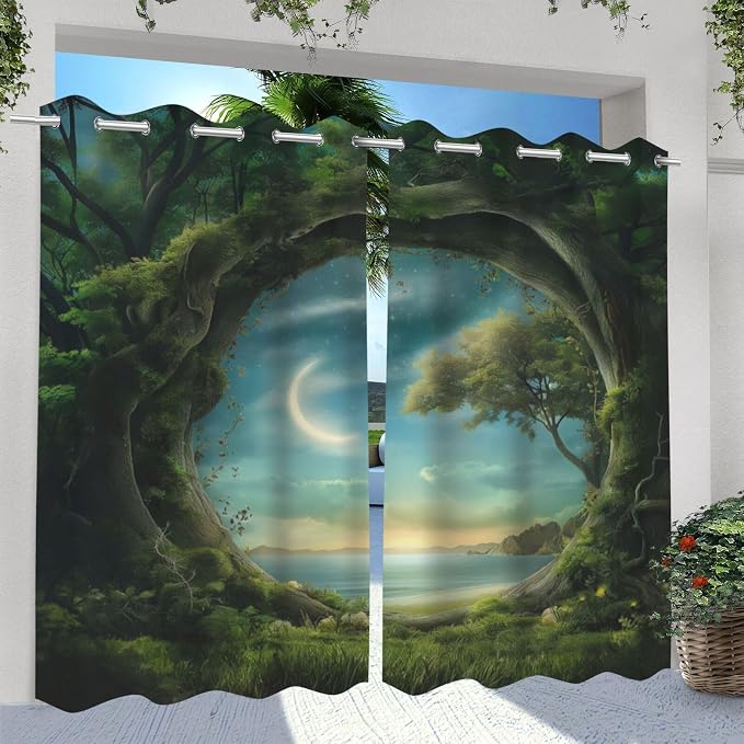Forest Theme Outdoor Curtains for Patio Waterproof, Trees Moon Lake Pattern - Image 2
