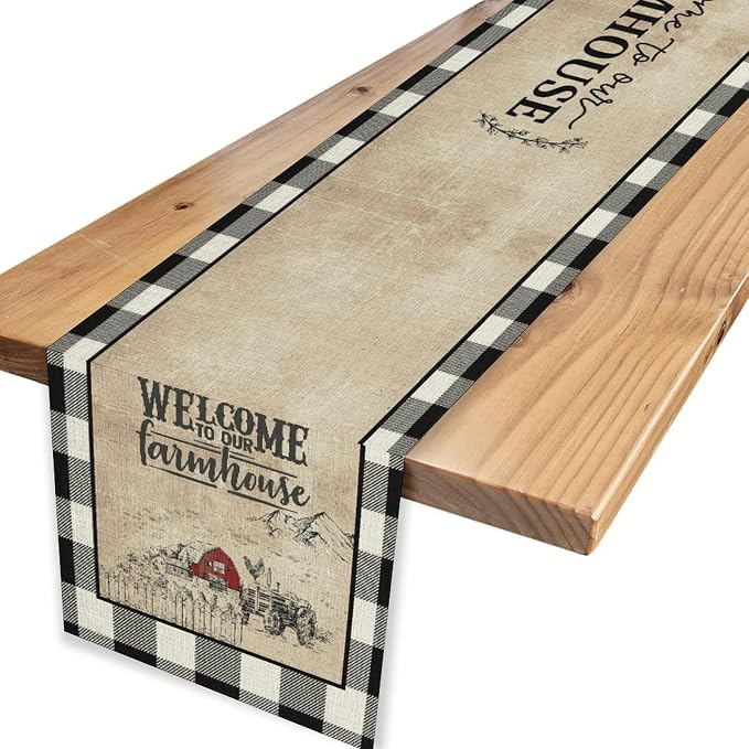 Farmhouse Table Runner, Rustic Country Barn Cottage Check Animal Coffee Table - Image 4