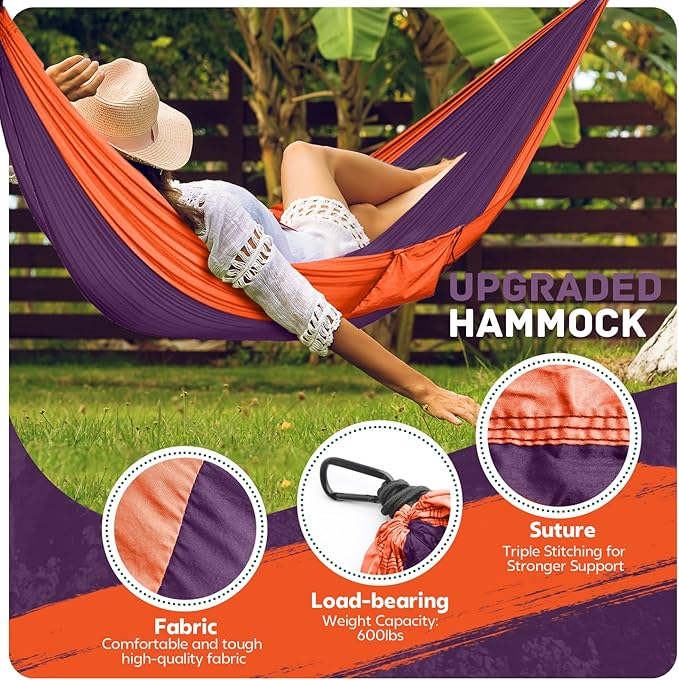Double Camping Hammock, Nylon, 600 lb Capacity, 106 x 55 Inch