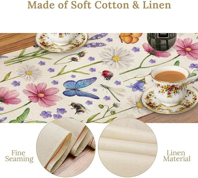 Flower Floral Table Runner, Butterfly Wildflowers Daisy Spring Summer Rustic - Image 4