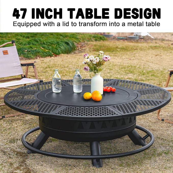 47 Inch Fire Pit with 2 Grills, Outdoor Extra Large Firepits - Image 4