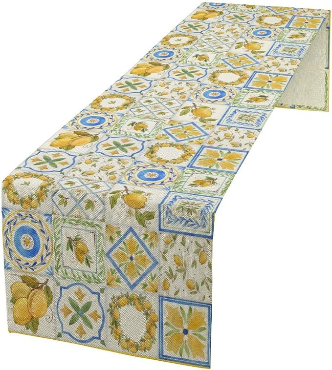 Yellow Lemon Summer Table Runner, Watercolor Spring Yellow and Blue Flower by JanJCurt