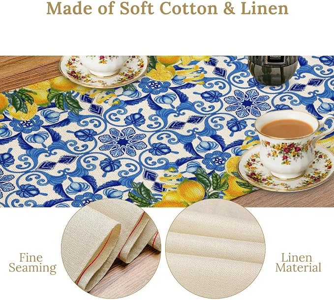 Blue Lemon Table Runner, Italy Tile Yellow Lemon Fruit Table Runners - Image 4