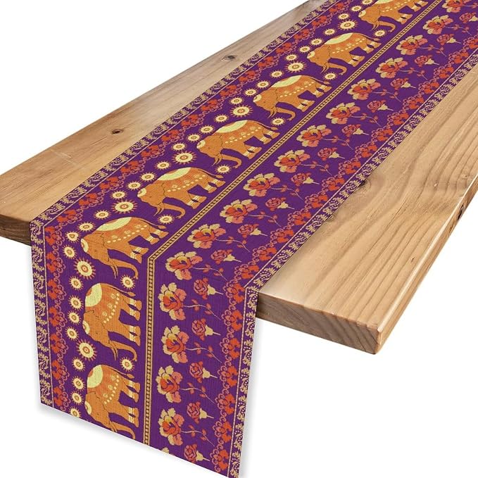African Tribal Table Runner, Rustic Elephants Floral African Indian Diwali Art - Image 4