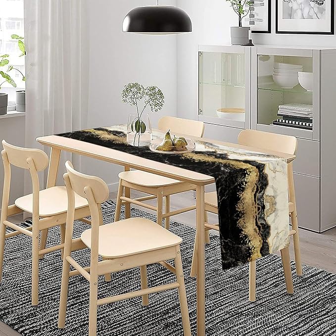 Marble Table Runner, Ink Golden Marble Texture Table Runner - Image 2