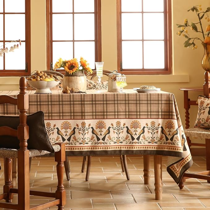 Vintage Brown Checkered Rectangle Tablecloth, Italian Floral Linen Wrinkle - Image 2