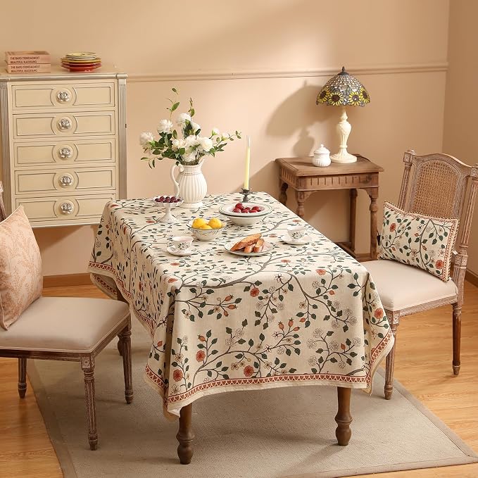 ISAENNE Designer Floral Small Square Tablecloth, French Linen Light Beige - Image 9