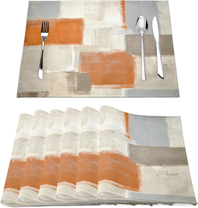 Modern Art Placemats for Dining Table Set of 6 Orange Abstract Painting Place by Fjogymlea