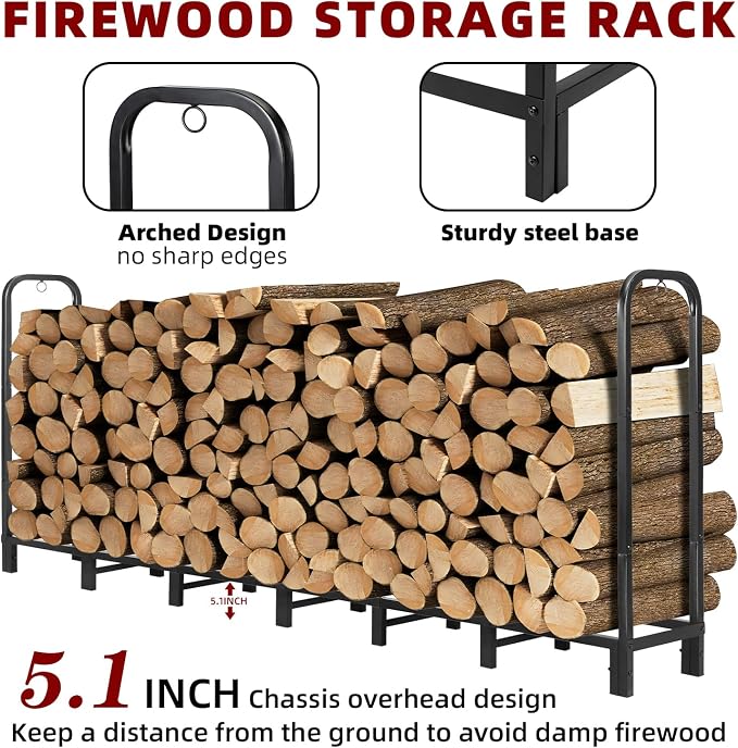 8FT Firewood Rack with Waterproof Cover, Heavy Duty Firewood Storage Log Holder - Image 3