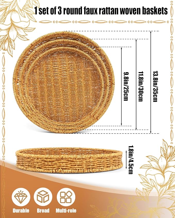 Woven Bread Basket, 3 Pack Wicker Fruit Baskets Rattan Bread Basket Poly Wicker - Image 2