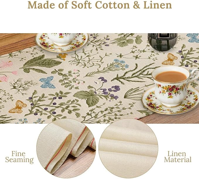 Vintage Wildflower Table Runner, Spring Floral Herbs Botanical Summer Butterfly - Image 7