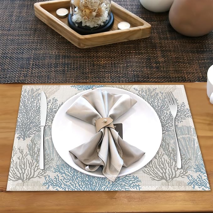 Coastal Beach Placemats Set of 6, Shell Starfish Coral Heat Resistant Table - Image 5
