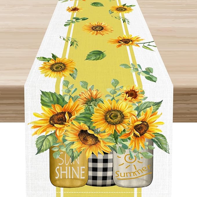 Sunflower Table Runner, Watercolor Yellow Floral Vase Spring Sunshine Summer by Unknown