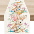 Easter Bunny Table Runner, Rustic Watercolor Bunnies Easter Eggs Carrots Floral by Unknown