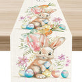 Easter Bunny Table Runner, Rustic Watercolor Bunnies Easter Eggs Carrots Floral by Unknown