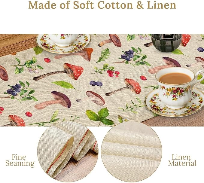 Mushroom Table Runner, Rustic Farmhouse Forest Plants Botanical Wildfloral - Image 5