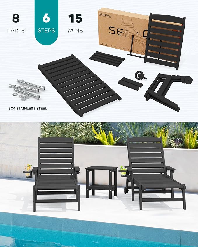 SERWALL Patio Chaise Lounge Chair, Poly Lounge Chair - Image 5