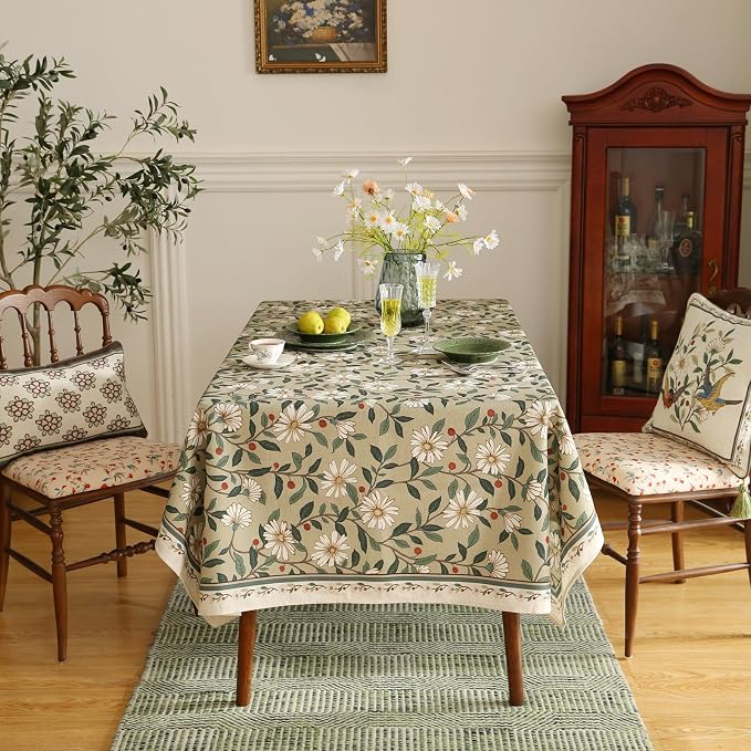 ISAENNE Designer Green Linen Extra Long Tablecloth Rectangle, Floral French - Image 3
