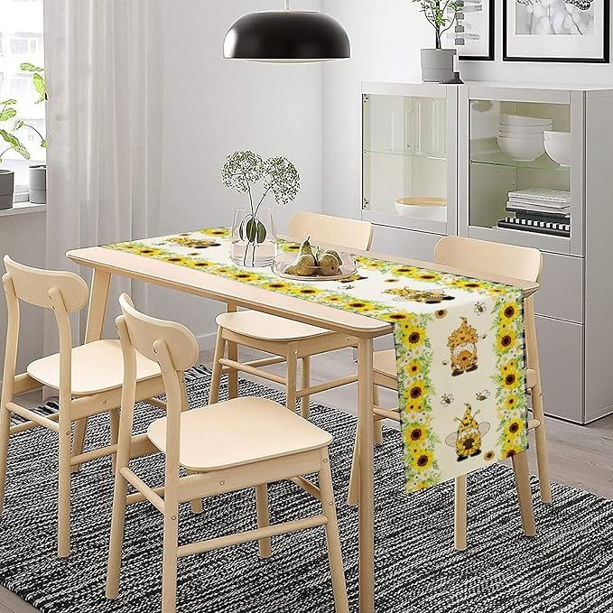 Summer Sunflower Gnome Table Runner, Buffalo Plaid Bee Farmhouse Seasonal Table - Image 2