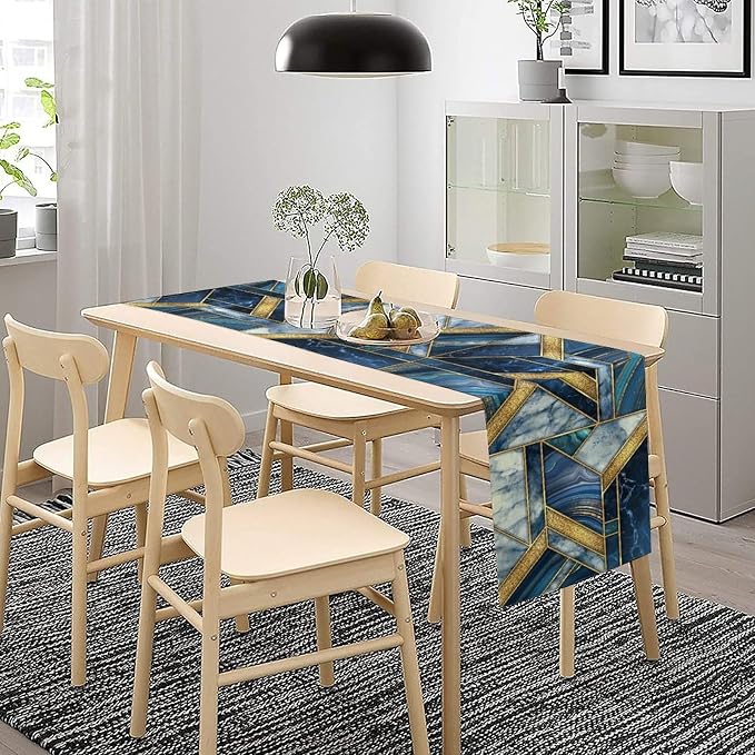 Marble Texture Table Runner, Dark Blue Gold Modern Mosaic Design Table Runner - Image 2