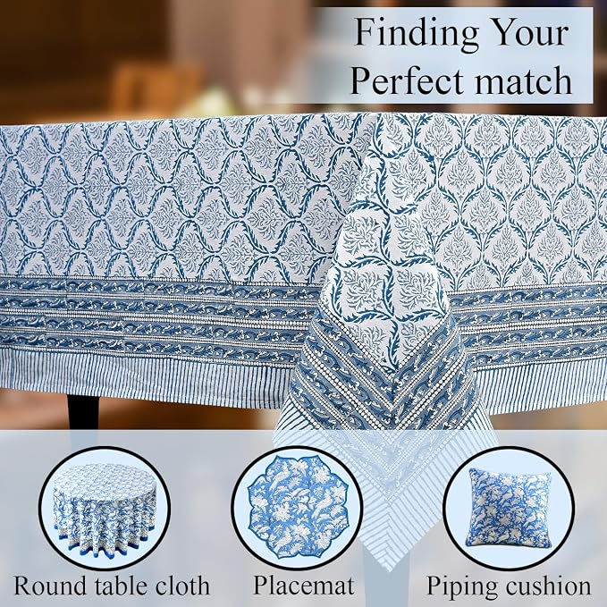 CPC Indigo Regal Tablecloth 100% Cotton 70x108 Inch Indian Block Print - Image 8