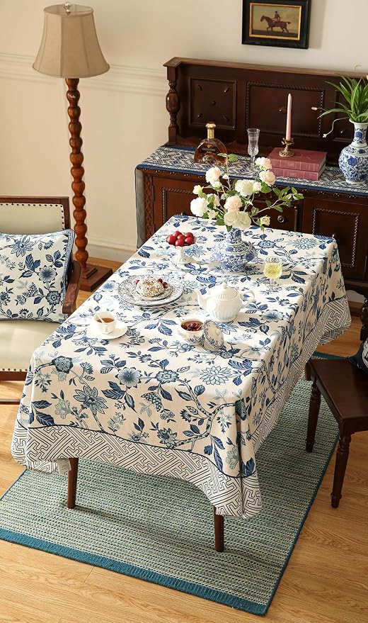 Vintage Blue and White Square Tablecloth, French Linen Floral Wrinkle Free - Image 3