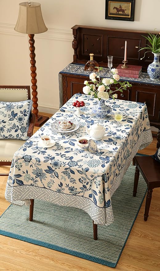 Vintage Blue and White Small Square Tablecloth, French Linen Floral Wrinkle - Image 3