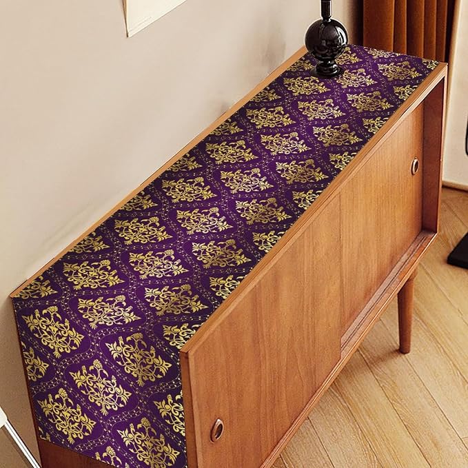 Vintage Table Runner, Retro Antique Gothic Purple Damask Floral Flower Pattern - Image 3
