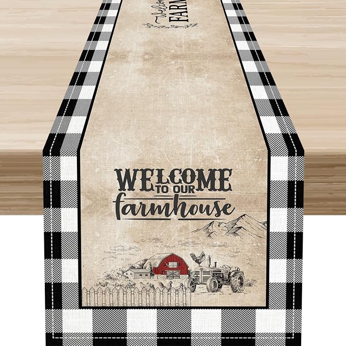 Farmhouse Table Runner, Rustic Country Barn Cottage Check Animal Coffee Table by Unknown