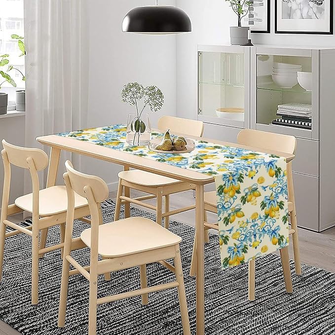 Lemon Table Runner, Summer Hummingbirds Flower Bows Print Table Runner - Image 2
