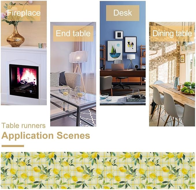 Yellow Plaid Lemon Table Runner Nature Watercolor Plant Countryside Farm Fruit - Image 4