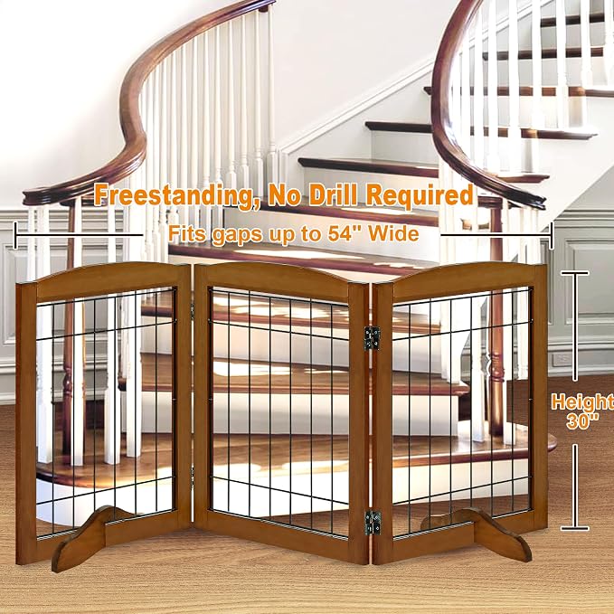 LZRS 3-Panel Freestanding Adjustable Wooden Dog Gate—30" Tall Foldable Pet - Image 2