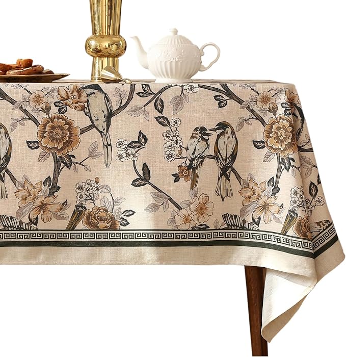 ISAENNE Designer Vintage Linen Extra Long Tablecloth Rectangle, Floral and Bird by Isaennehomedecoration