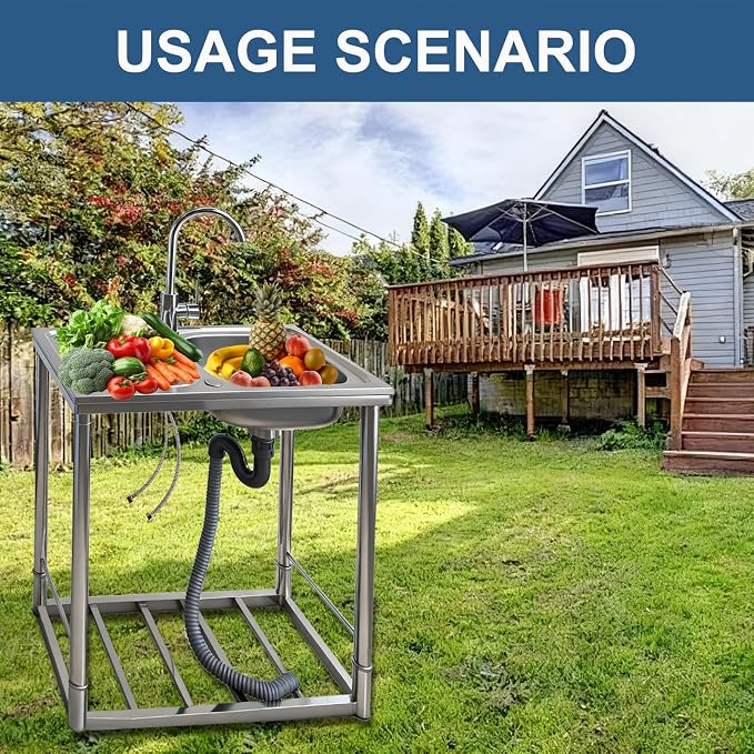 Outdoor Sink with Hose Hook Up, Free Standing Stainless Steel Utility Sink - Image 7